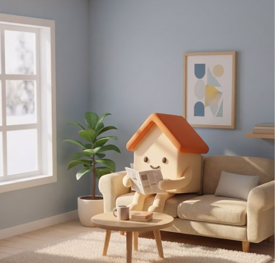 Bobbo, Bofrid's house mascot, reading a newspaper on a sofa in a sunlit living room Bobbo, Bofrid's house mascot, reading a newspaper on a sofa in a sunlit living room